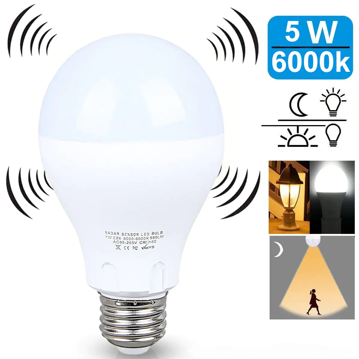 LED LIGHT BULB W/ RADAR MOTION SENSOR 180 Deg 5w/50 Watts